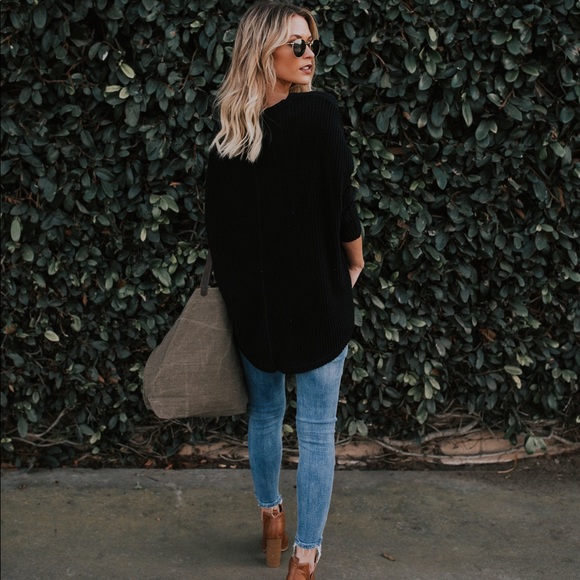 Black Thermal Waffle Knit Button Down Knot Top - Picture 2 of 7